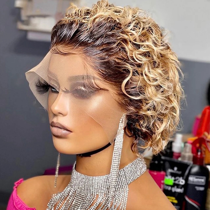 Human Hair Curly Wig T Part Pixie Cut Wigs - 图片 7